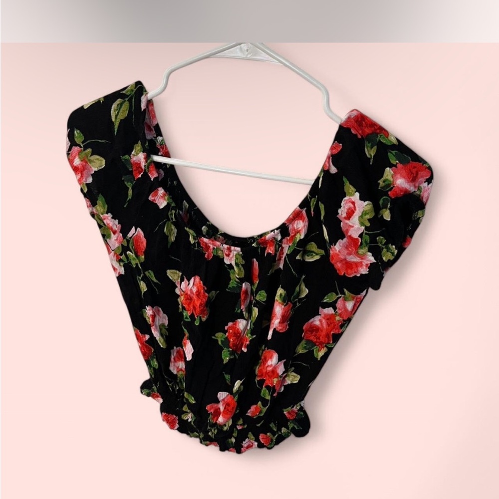 Ruched Black and Red Floral Blouse